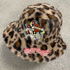 NWT Ed Hardy Leopard Faux Fur Bucket Hat Skull Rose Tattoo Graphic Unisex Y2K
